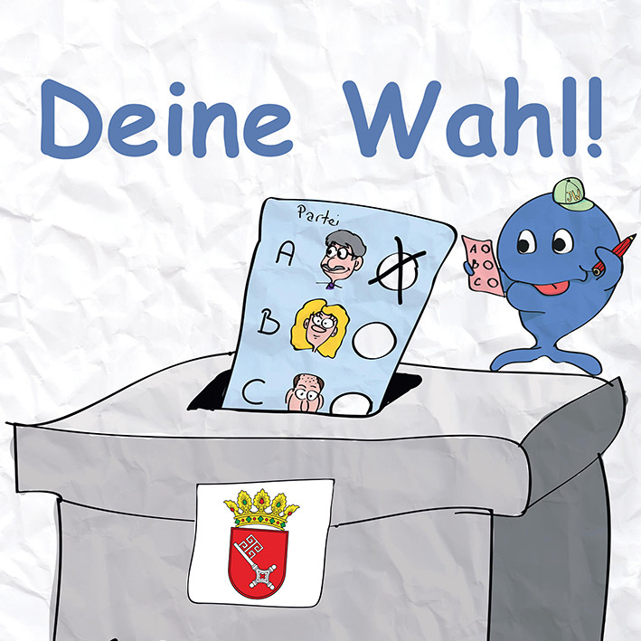 Eine Zeichnung. Ein Wahlschein wird in eine Bremer Wahlurne gesteckt. Ein Fischwesen denkt etwas im Hintergrund über seine Wahlstimme nach. Über der Zeichnung steht: "Deine Wahl!"  