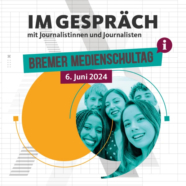 Das Logo des Bremer Medienschultages. Im Vordergrund lachende, junge Menschen.  