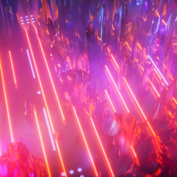 Das Bild zeigt eine lebendige, farbenfrohe Szene, die einem futuristischen oder außerirdischen Szenario ähnelt. Mehrere vertikale und schräge Linien aus hellem Licht, hauptsächlich in Rot- und Blautönen, durchziehen das Bild und erzeugen eine dynamische, fast kinetische Atmosphäre.   