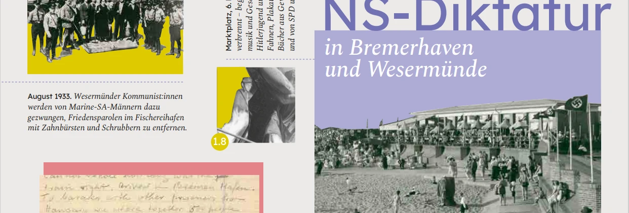 Ein Poster von " 50 Orte der NS-Diktatur in Bremerhaven und Wesermünde". Das Plakat zeigt ein Schwarzweißfoto eines Strandes mit Dutzenden von Spaziergängern während der Nazizeit in Deutschland.  